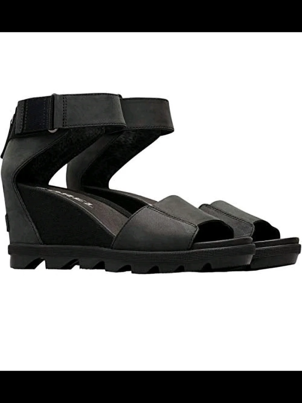 Sorel Joanie II Black Leather Ankle-Strap Wedge Sandals Size 7.5